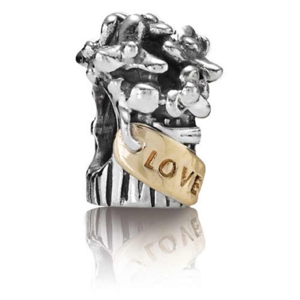 Pandora flower bouquet, two-tone charm silver and 14k gold